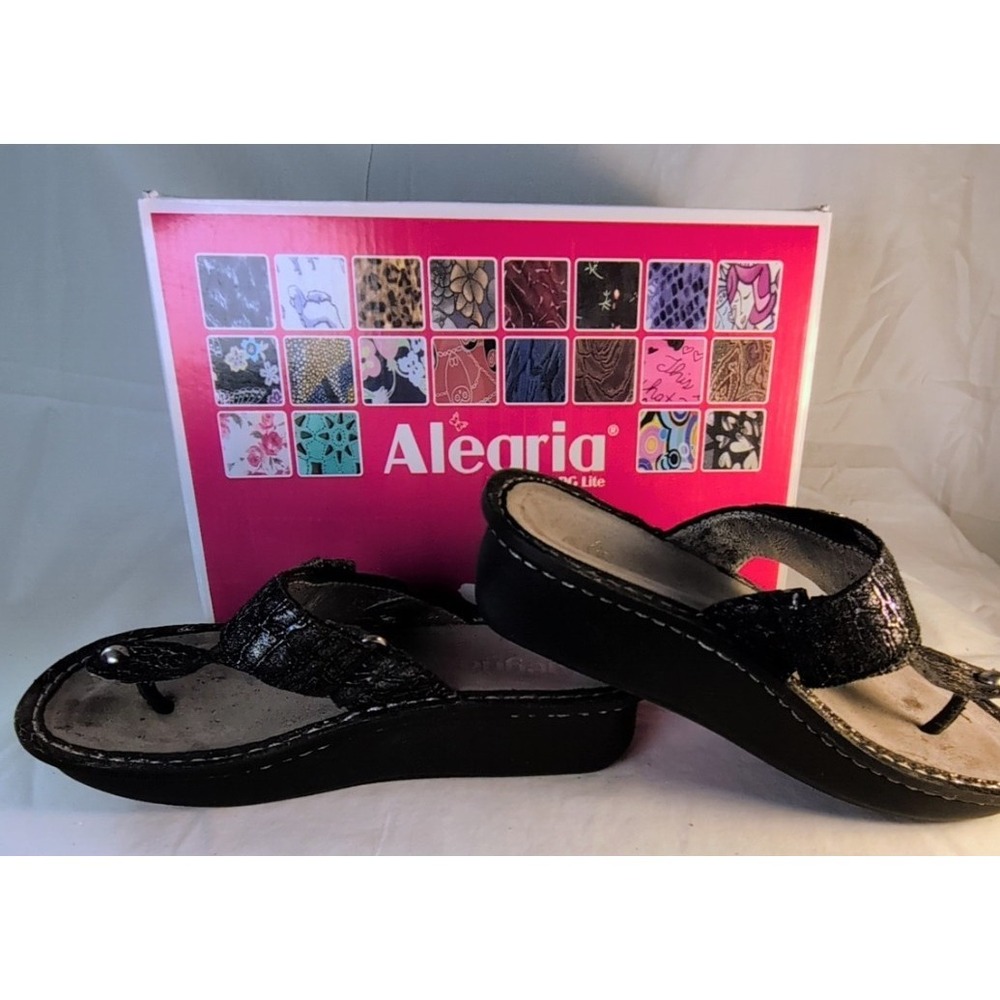 Alegria Black & Silver Leather Sandals Women's Comfort Wedge Flip Flops Size 36